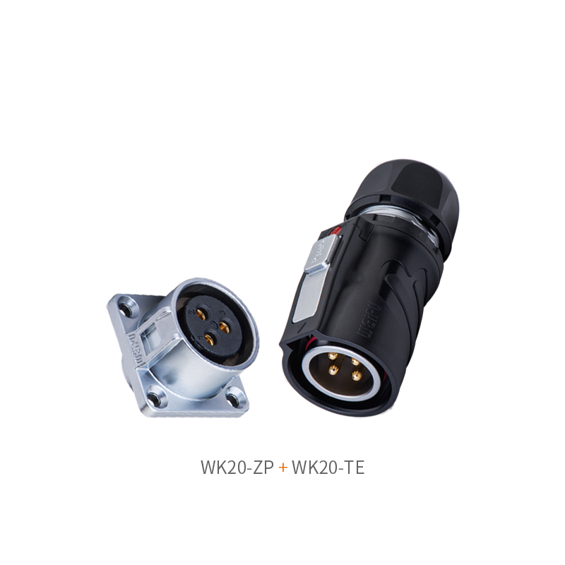 Complete mating assembly of shielded WK20-ZP square flange socket and WK20-TE male plug, IP67 industrial push-pull connector kit