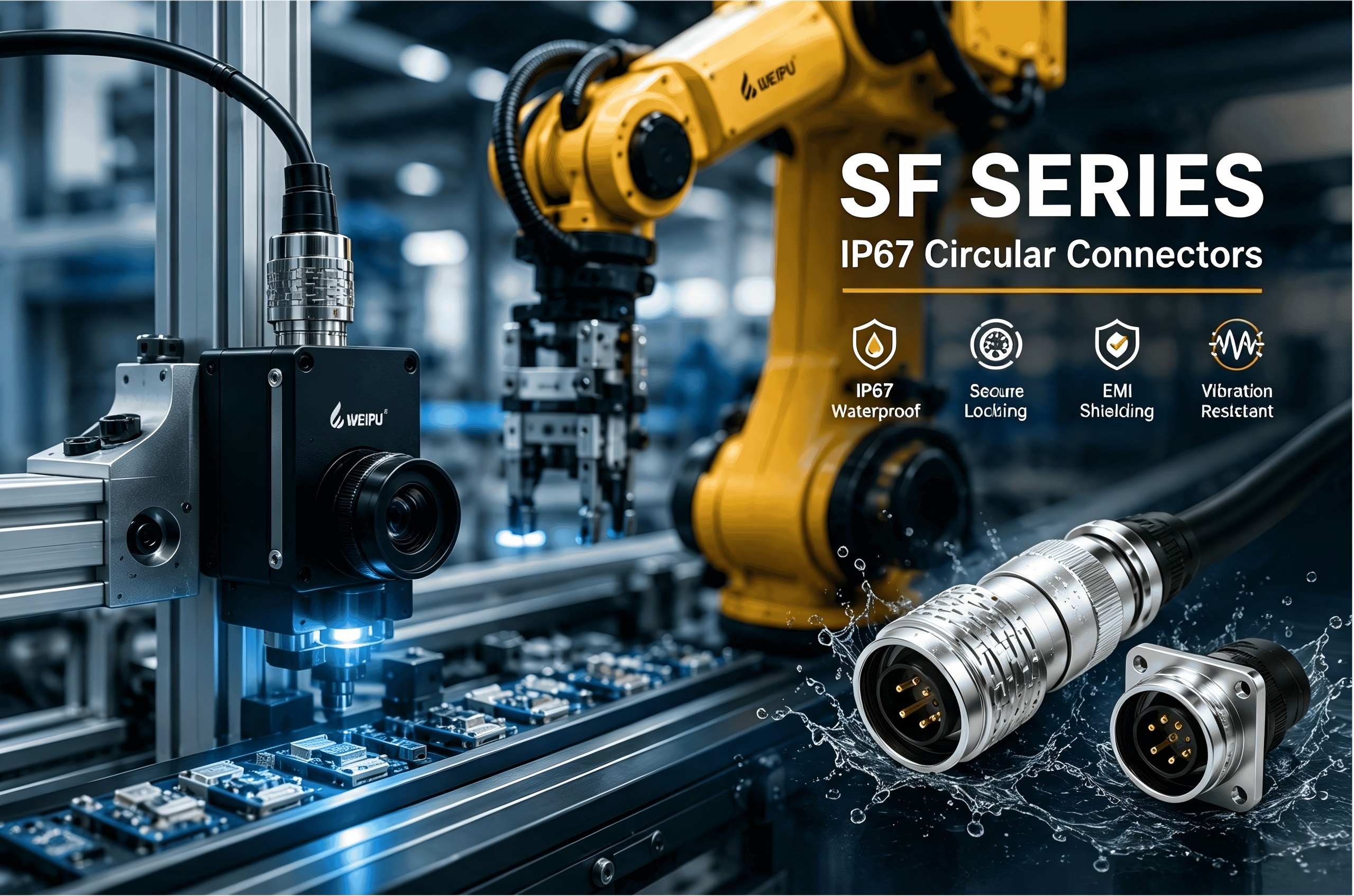 SF Series metal circular connectors used in industrial machine vision applications