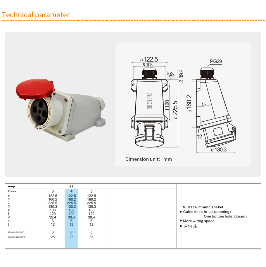 63A 4PIN Surface Mount Socket TYP6918-IP44 For Sale - WEIPU