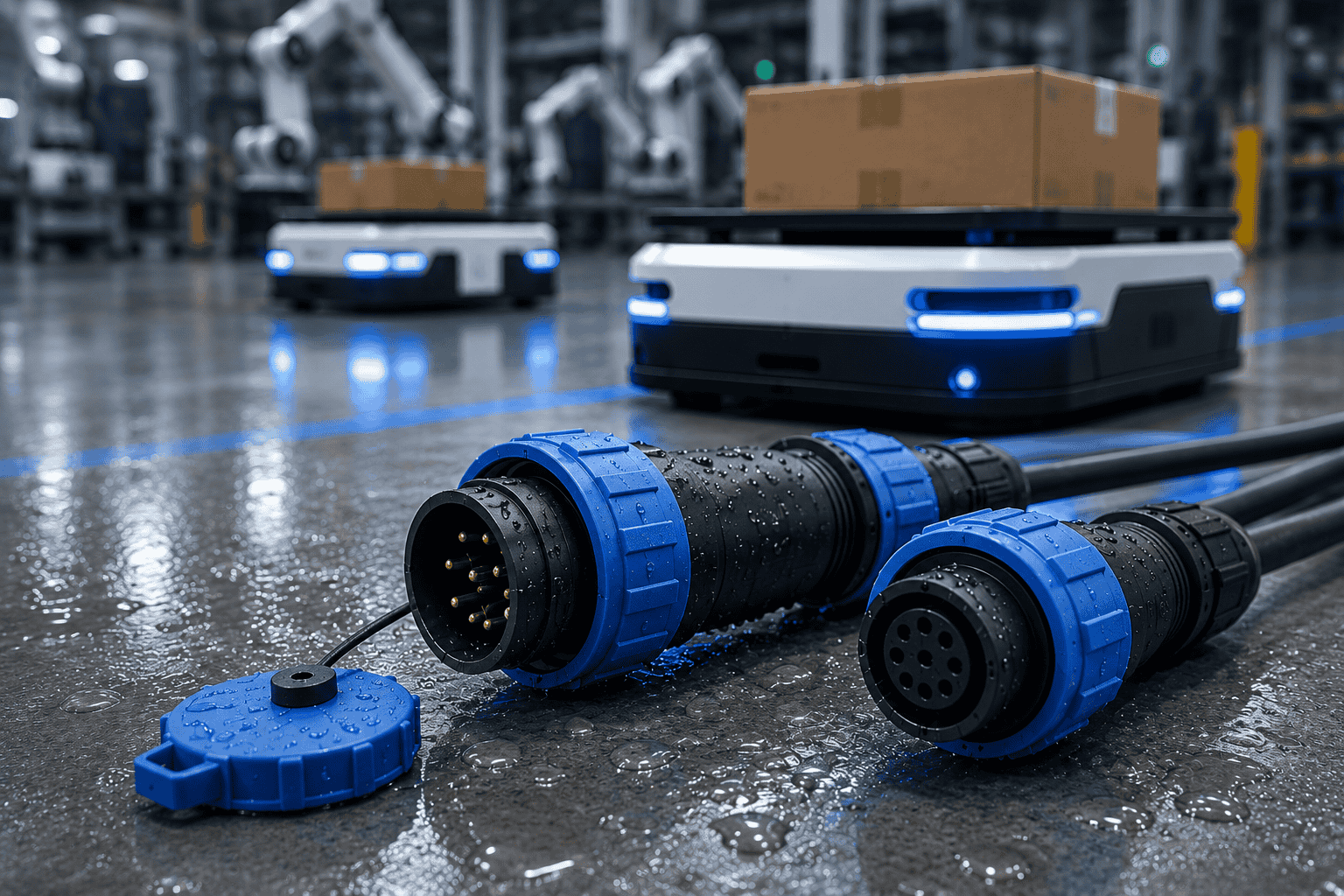 Waterproof industrial connector for AGV and mobile robot applications