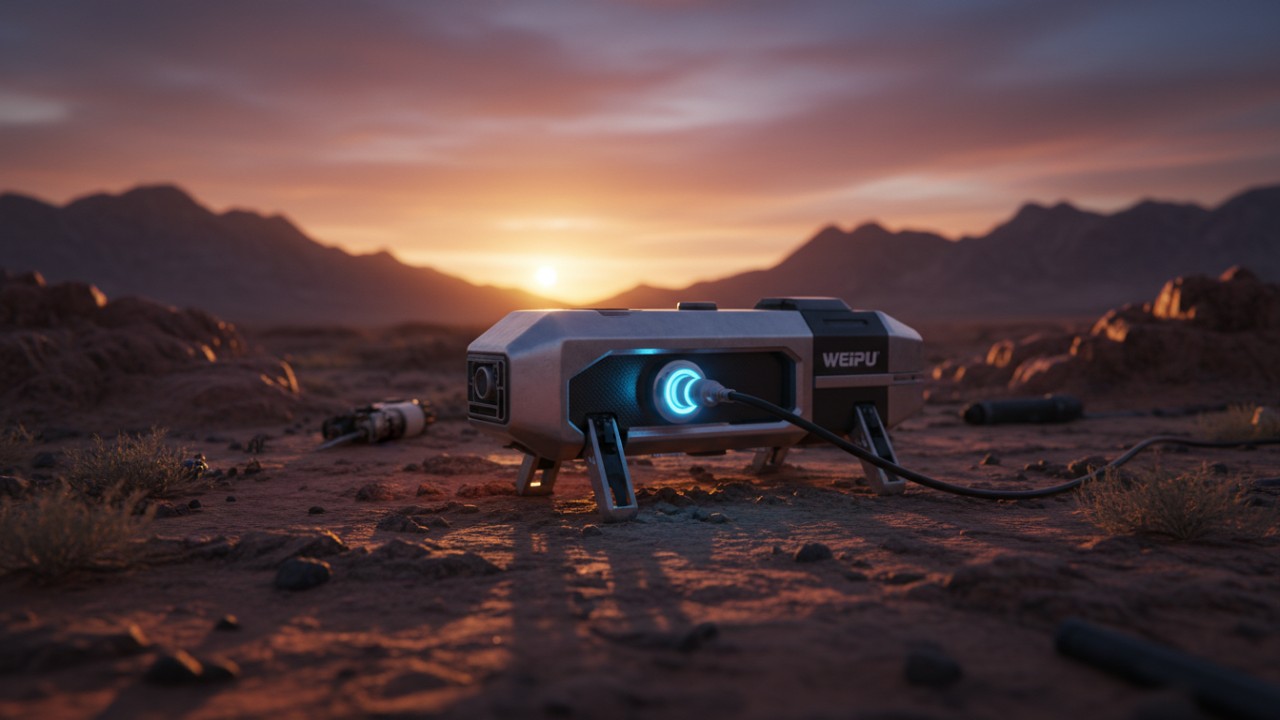 A cinematic illustration of a successful drone mission in a desert with a WEIPU connector visible on the vehicle.