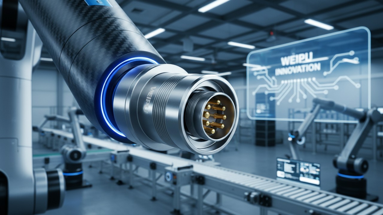 A close up view of a high performance WEIPU M12 connector being installed into an industrial robotic arm in a factory setting.