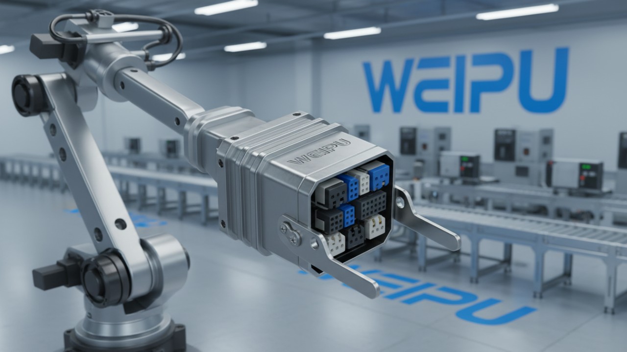A detailed 3D illustration of a WEIPU rectangular connector mounted on heavy machinery, highlighting its robust metal housing and secure locking system.