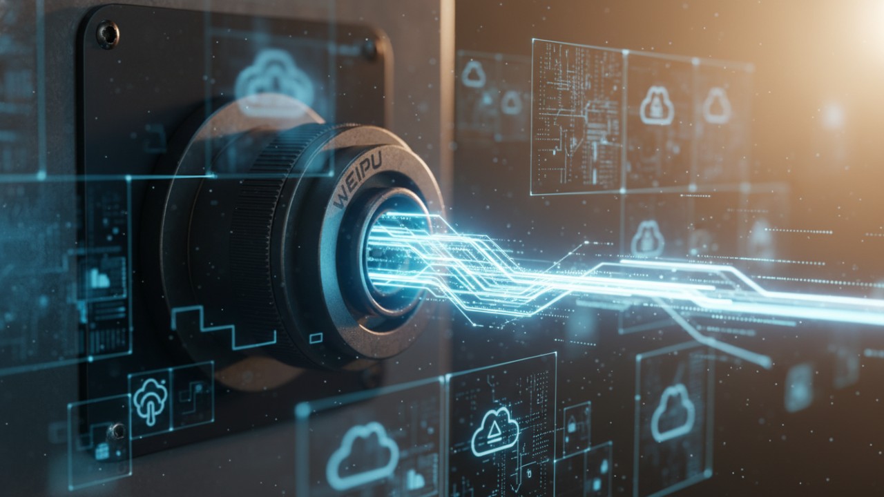 A digital illustration showing a rugged WEIPU industrial connector plugged into a panel with glowing data streams connecting to a cloud interface.