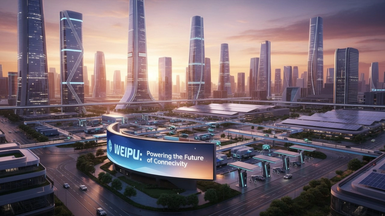 A futuristic city landscape featuring a WEIPU digital sign representing long-term connectivity and industrial partnership. - WEIPU