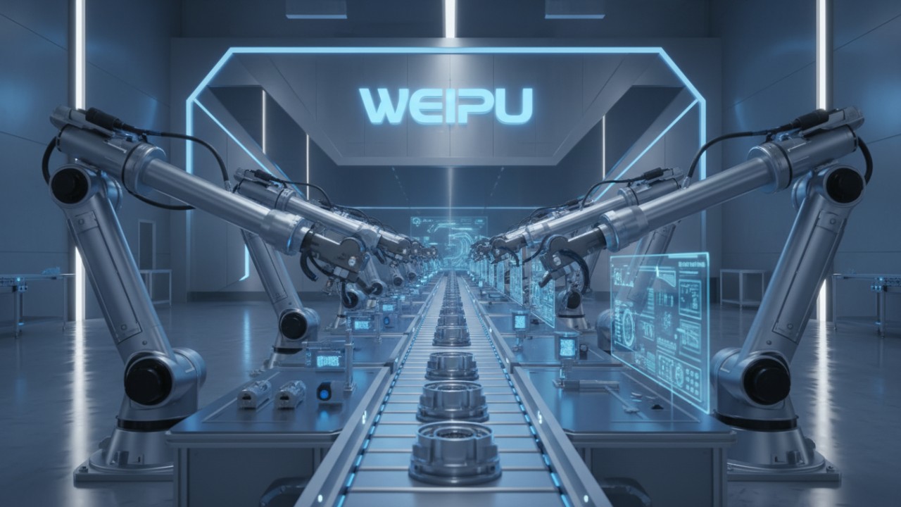 A high-tech industrial connector factory featuring robotic assembly lines and WEIPU branding on the wall