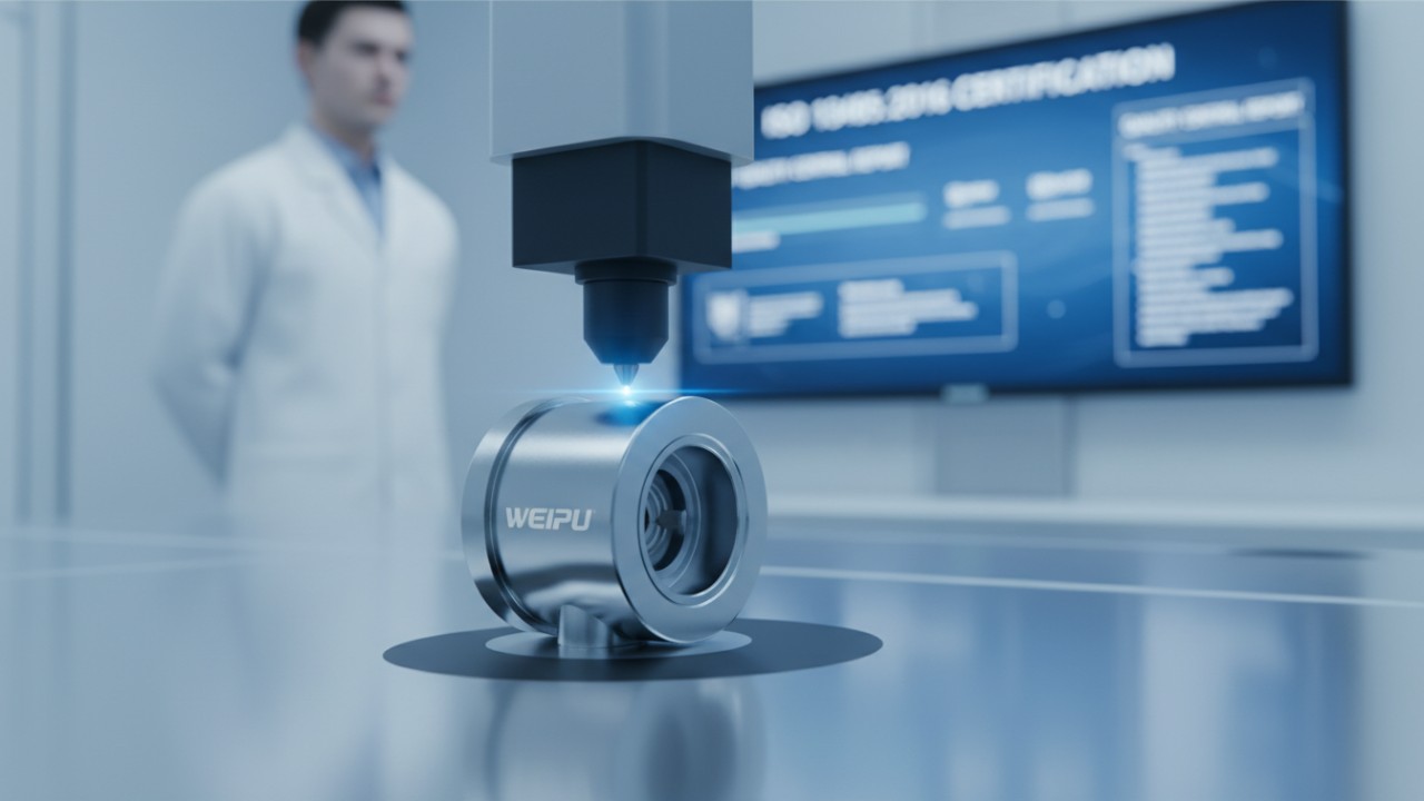 A macro close up of a high precision WEIPU circular connector being scanned by a laser in a sterile medical manufacturing facility