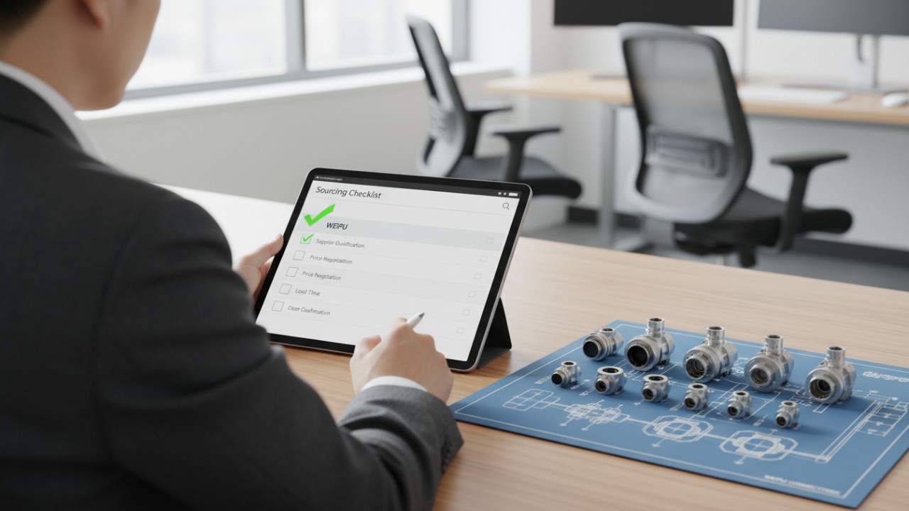 A procurement specialist reviewing a sourcing checklist on a tablet that highlights the WEIPU brand for medical connectors