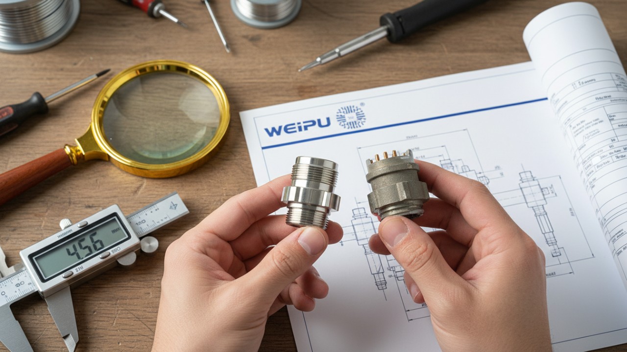 A quality control technician inspecting industrial connectors for common sourcing mistakes at a WEIPU facility.