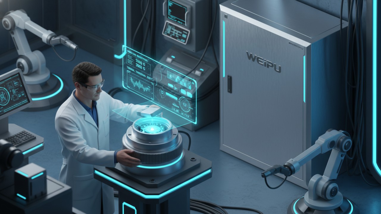 A technical analysis scene in a laboratory featuring a holographic scan of a circular connector and the WEIPU brand name on a metal cabinet.