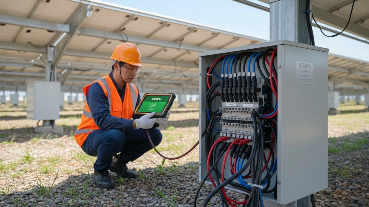A technician using a tablet with the WEIPU logo to monitor a solar array, focusing on safe and secure electrical connections to prevent fire risks. - WEIPU