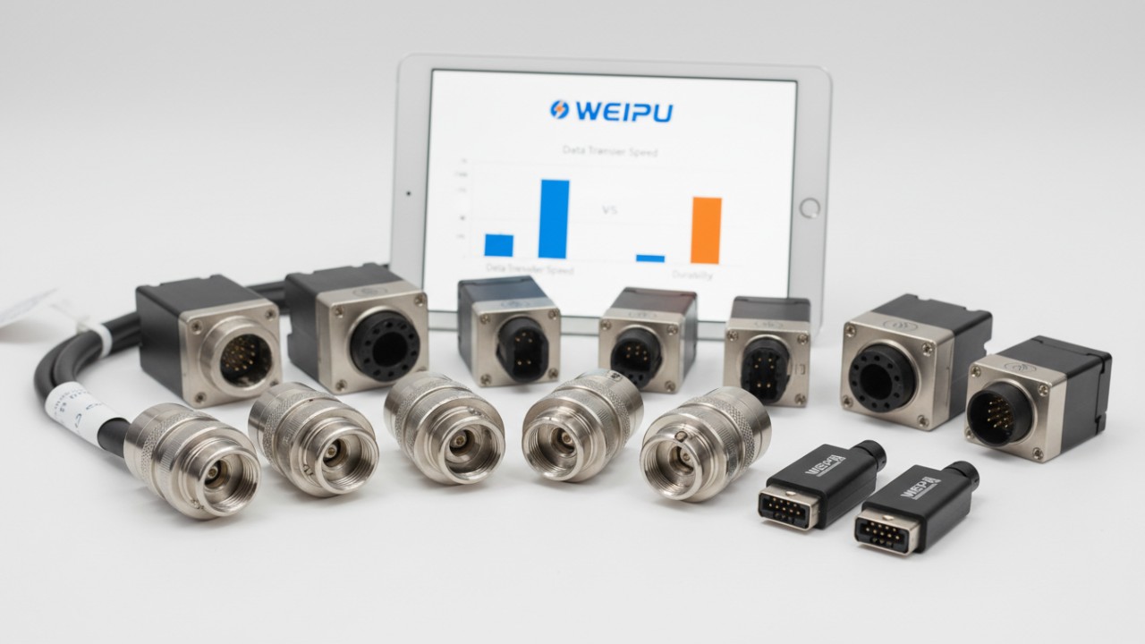 A variety of industrial connectors displayed on a clean surface with a WEIPU branded tablet showing a data comparison chart in the background.