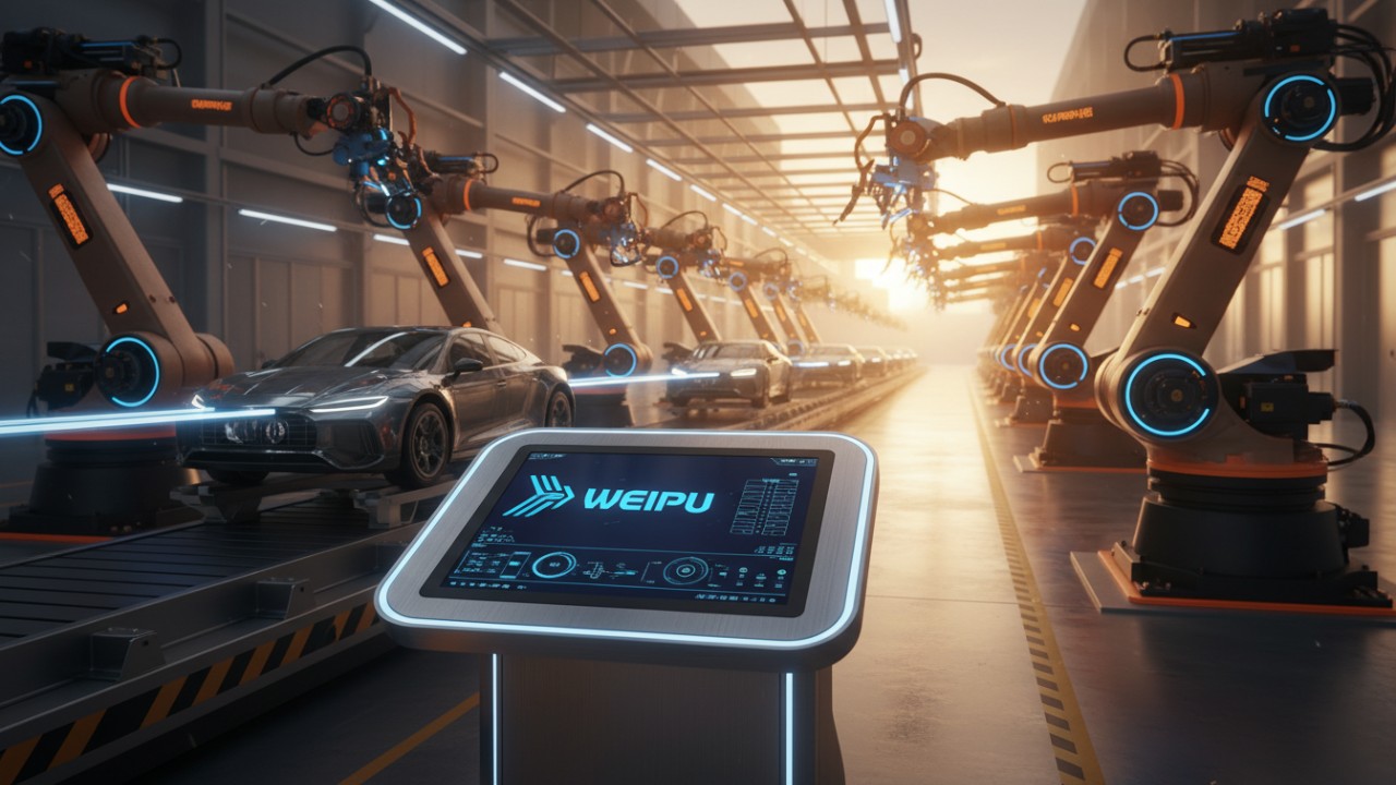 A wide cinematic view of a high-tech factory at sunset with a prominent WEIPU logo on a control terminal.