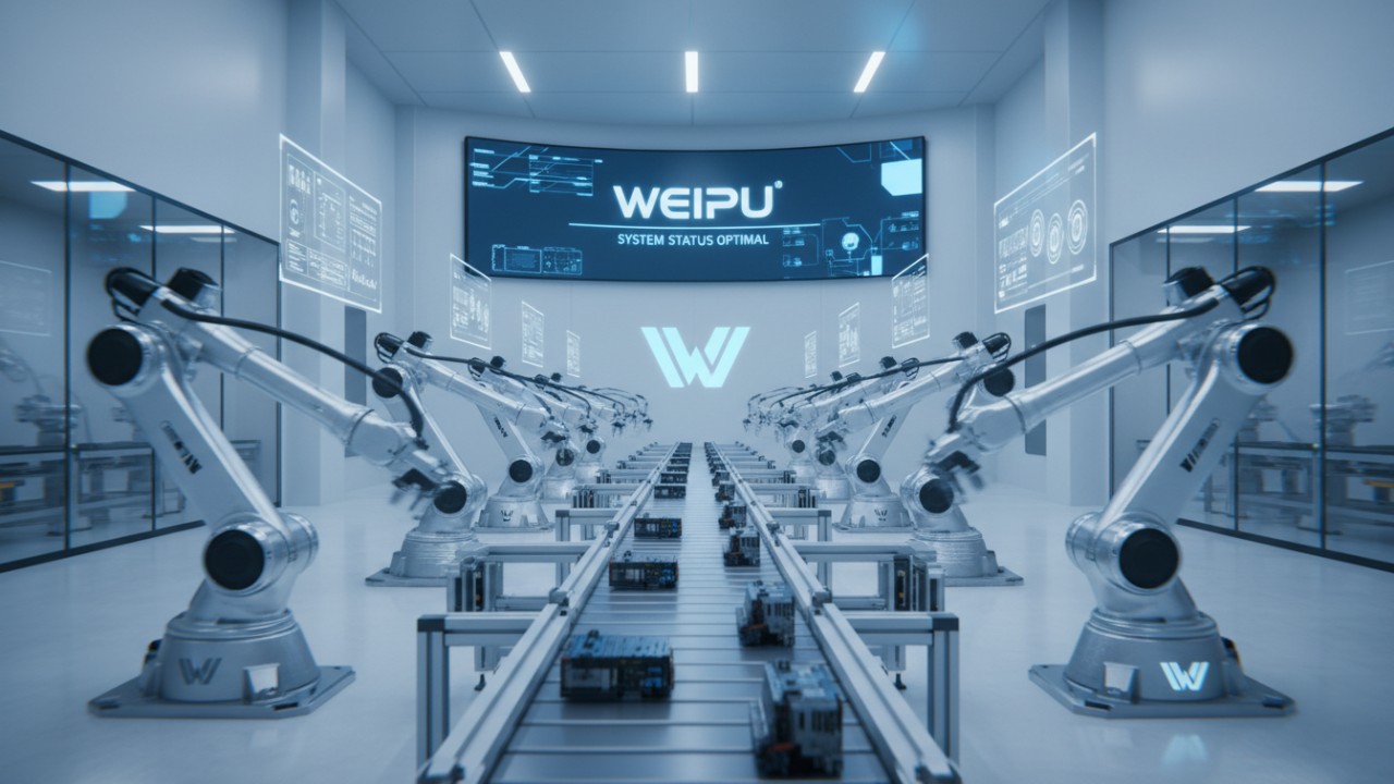 A wide view of a modern automated factory floor with robotic systems and a digital screen showing the WEIPU brand.