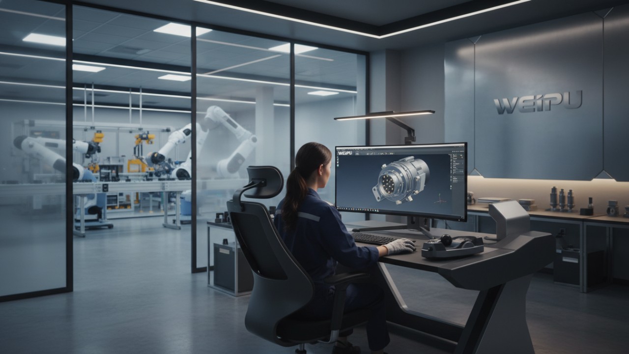 An engineer designing a custom industrial connector using CAD software in a high-tech WEIPU factory environment.