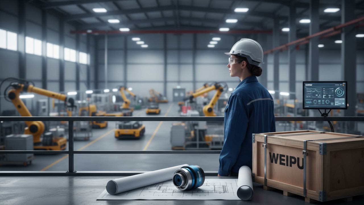 An engineer overlooking a project with a WEIPU branded connector and technical documents in the foreground