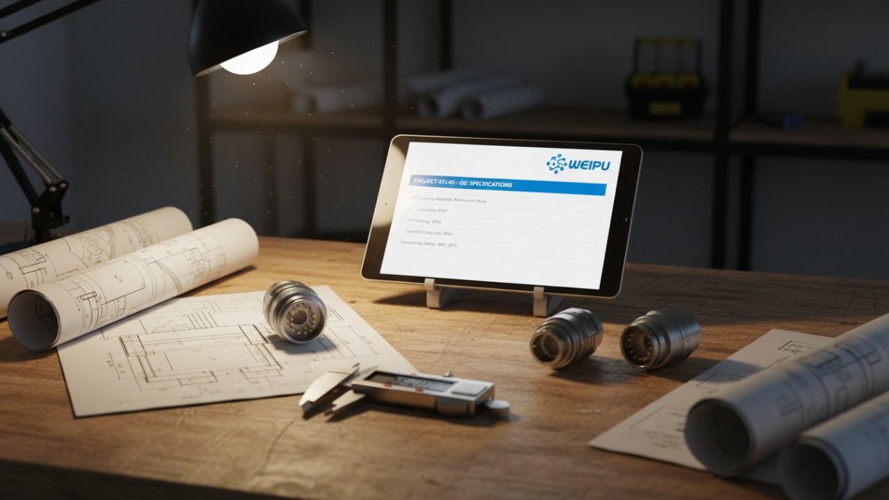 An engineer's desk with technical drawings and connectors, featuring a WEIPU branded tablet showing design specifications.