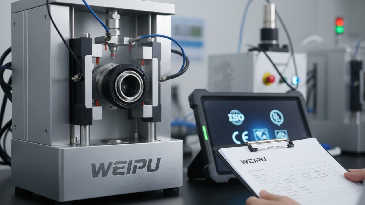 An industrial connector undergoing certification testing with WEIPU branding visible on the machinery
