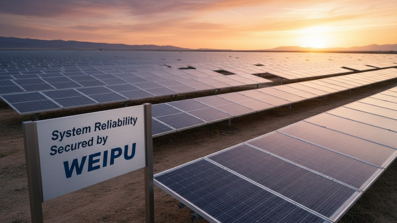 Cinematic wide view of a vast solar farm at sunset with a sign featuring the WEIPU brand, symbolizing long term reliability in renewable energy.