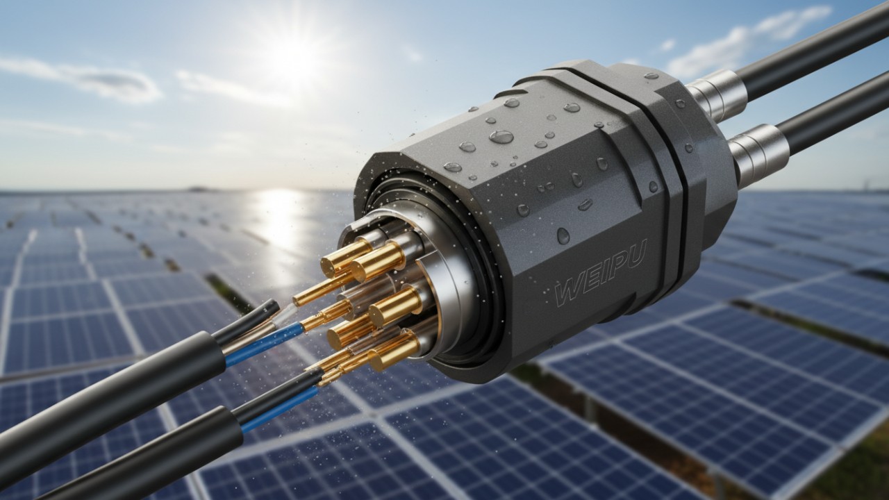 Close up illustration of a WEIPU heavy duty waterproof electrical connector showing internal components and moisture protection features in a solar farm setting.