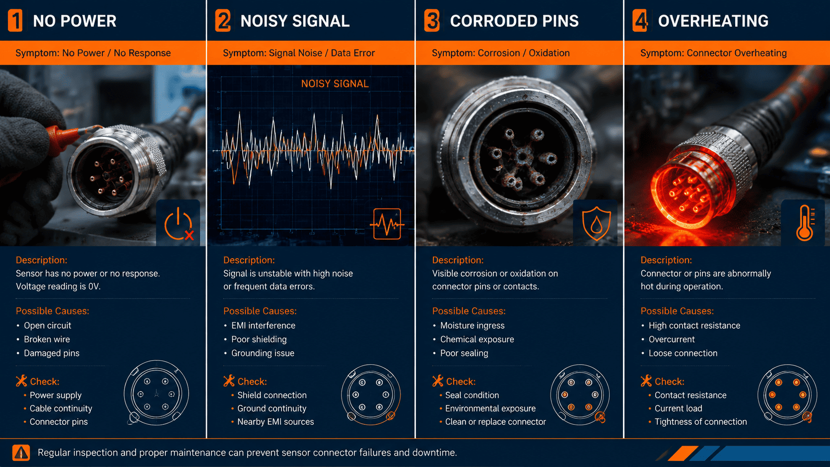 Common sensor circular connector failure symptoms including no power, signal noise, corrosion and overheating