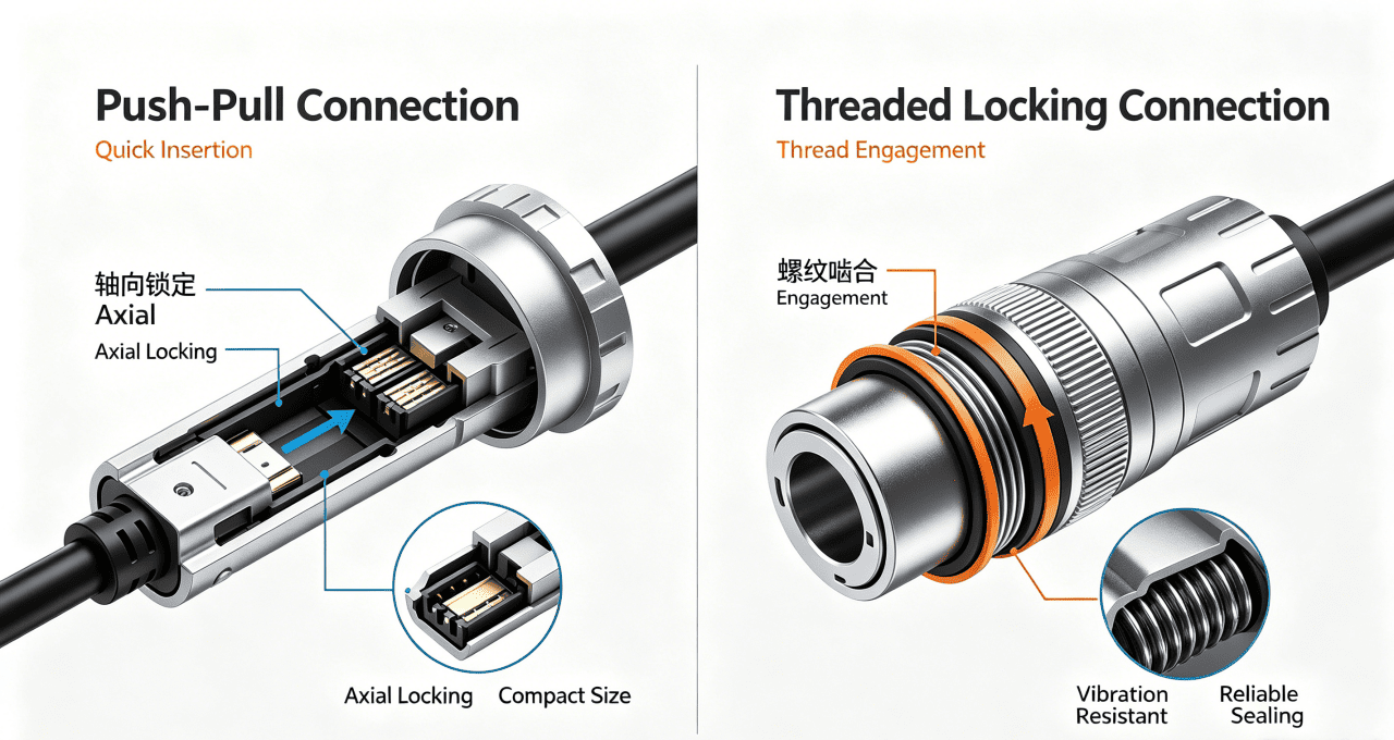 Comparison diagram showing push-pull circular connector versus threaded locking connector, highlighting different mating mechanisms