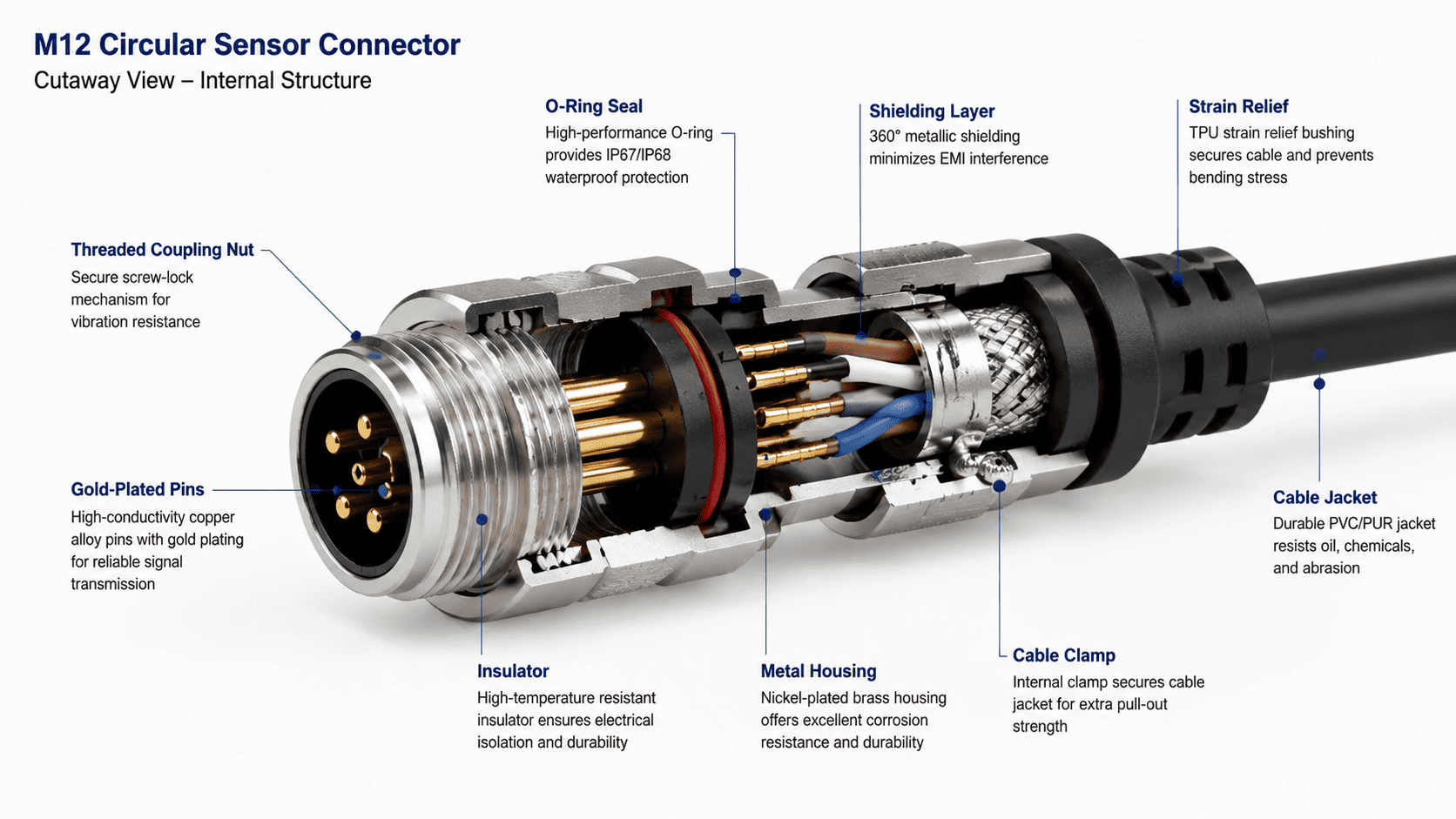 Cutaway view of sensor circular connector showing internal pins sealing system and shielding structure