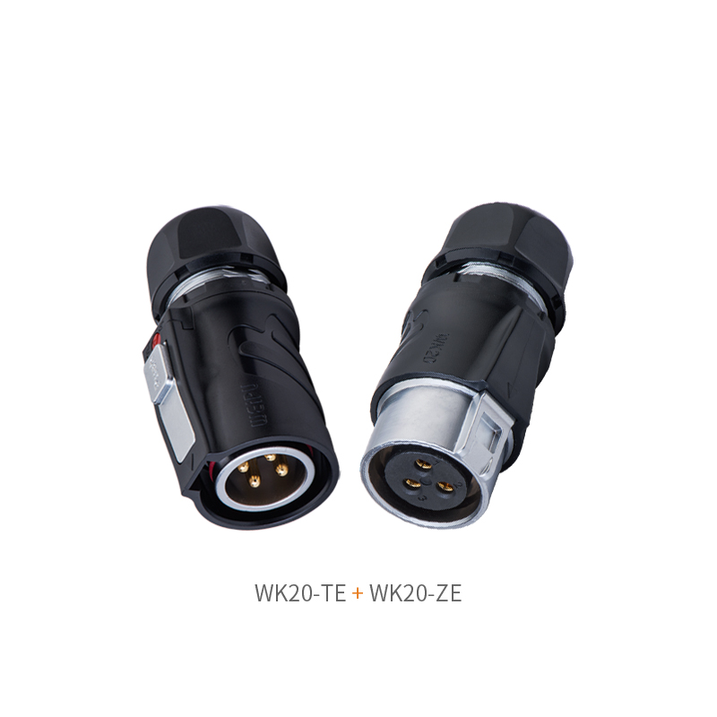 Weipu WK20-TE cable plug paired with WK20-ZE inline receptacle, IP67 V0 flame retardant push-pull industrial wire-to-wire circular connector kit
