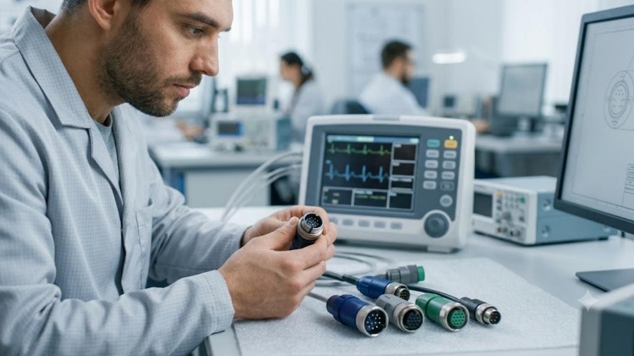 Engineer selecting medical circular connector for a patient monitoring device