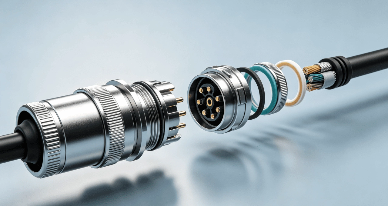exploded view of industrial circular connector showing threaded locking mechanism, metal housing, pins and waterproof sealing structure - WEIPU