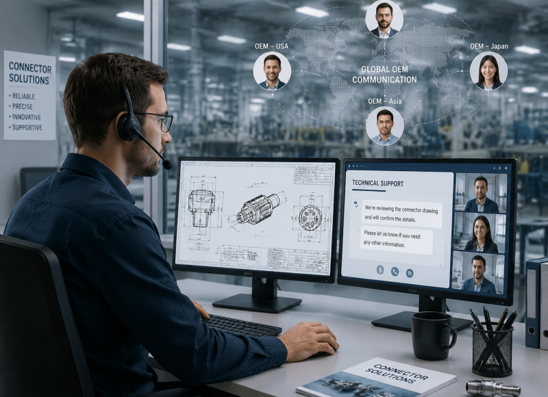 Global OEM technical support engineer reviewing connector design drawings in modern industrial office environment