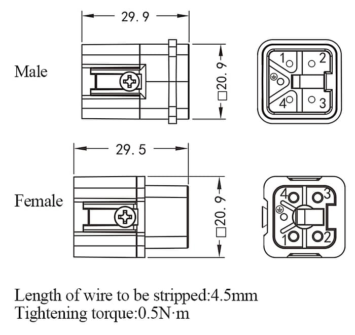HA-004- HA-004-F Male and Female 10A 230/400v 4+PE Screw Contact Connector 3 - WEIPU