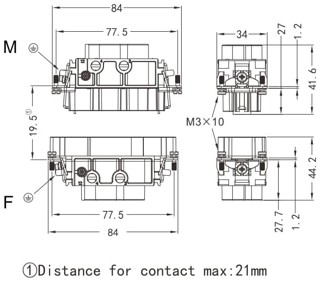 HK-004/2-M/F Crimp termination Connector 80A 830V 4+PE +2 Signal pin 16A 400V 3 - WEIPU