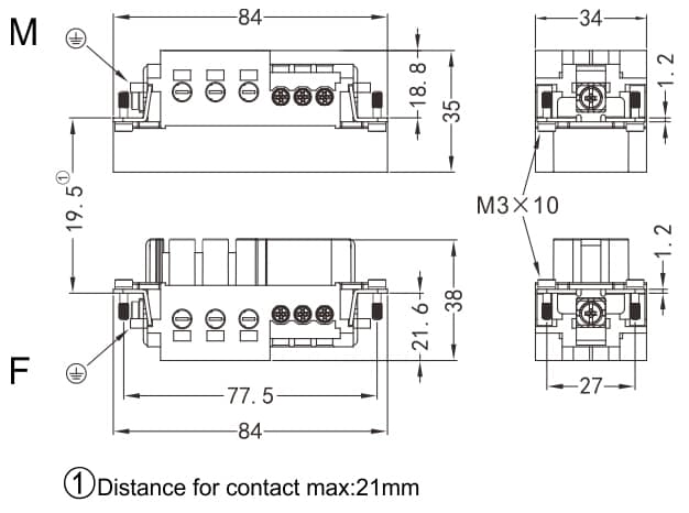 HK-006/-M/F Crimp termination Connector 100A 690V 6+PE +6 Signal pin 16A 400V 3 - WEIPU
