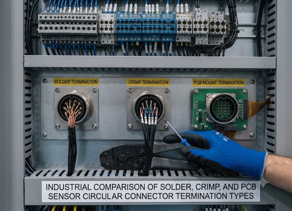Industrial comparison of solder crimp and PCB sensor circular connector termination types