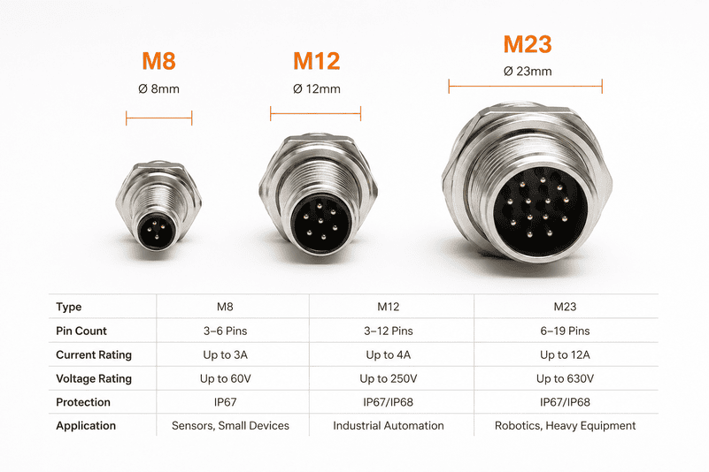 Comparison of industrial sensor circular connectors M8 M12 M23 showing size and application differences
