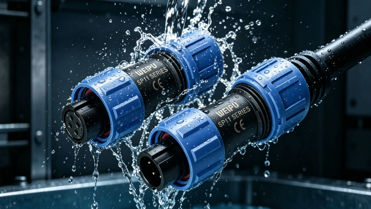 Industrial circular connector undergoing IP67 waterproof water spray test showing durability in harsh industrial environments - WEIPU