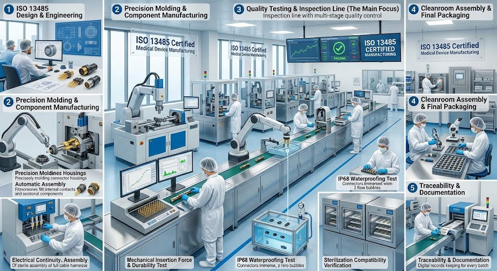 ISO 13485 medical circular connector manufacturing testing quality inspection line