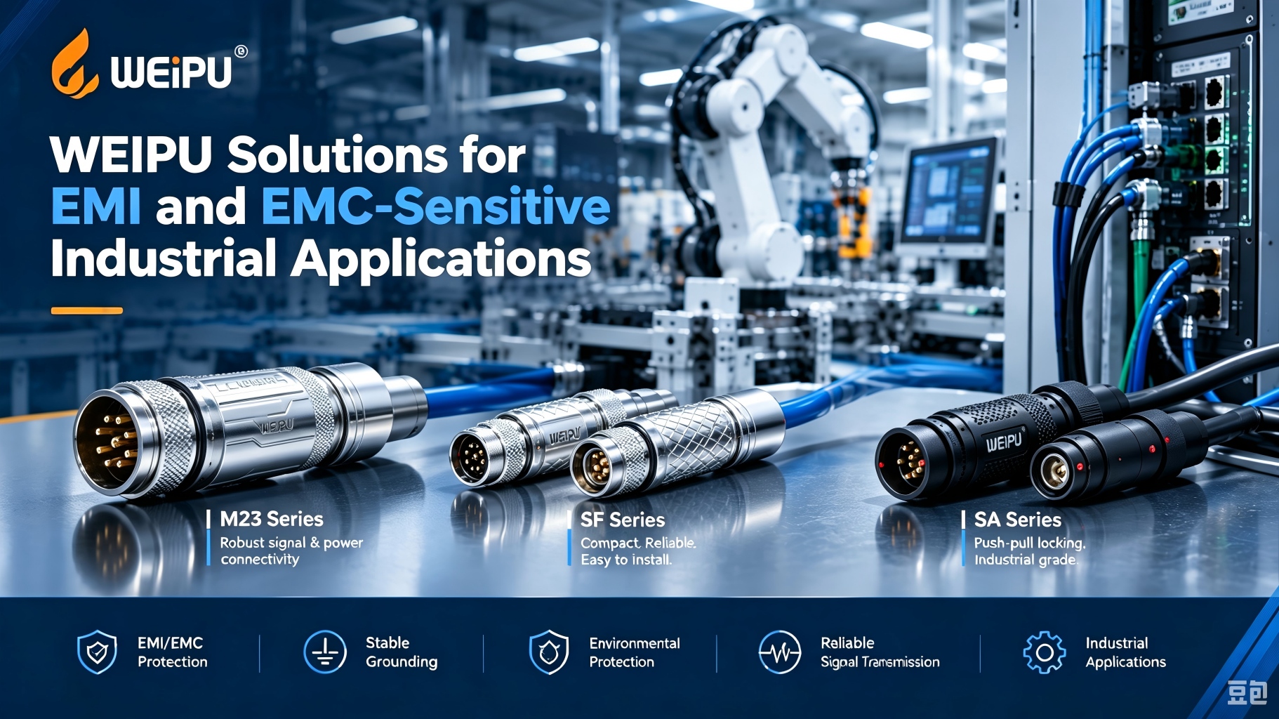 `WEIPU M23, SF and SA series industrial circular connectors for EMI/EMC-sensitive factory automation and signal transmission`