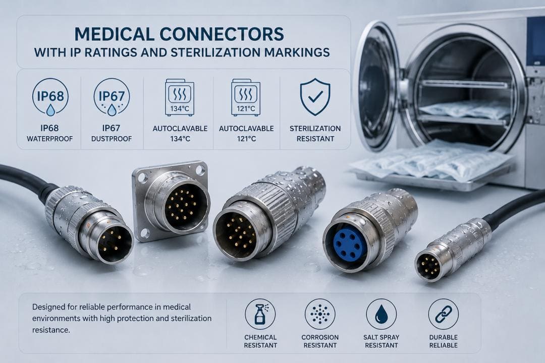 Medical connectors with IP ratings and sterilization markings