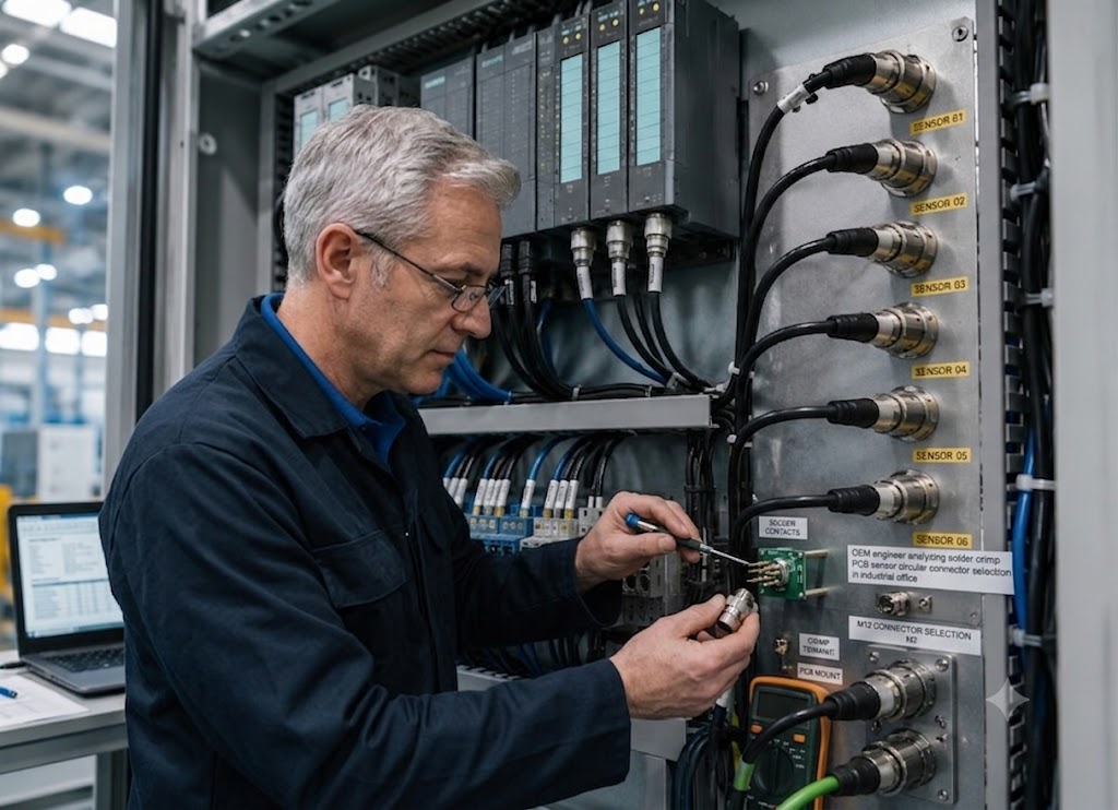 OEM engineer analyzing solder crimp PCB sensor circular connector selection in industrial office