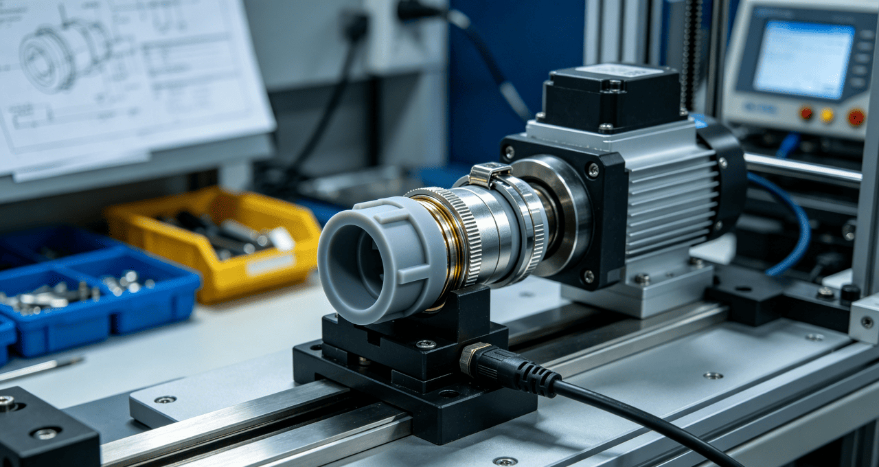 Prototype circular connectors produced by 3D printing undergoing functional testing and mechanical validation in engineering lab