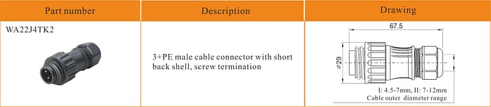WA22J4TK2 3+PE male cable connector with short back shell 3