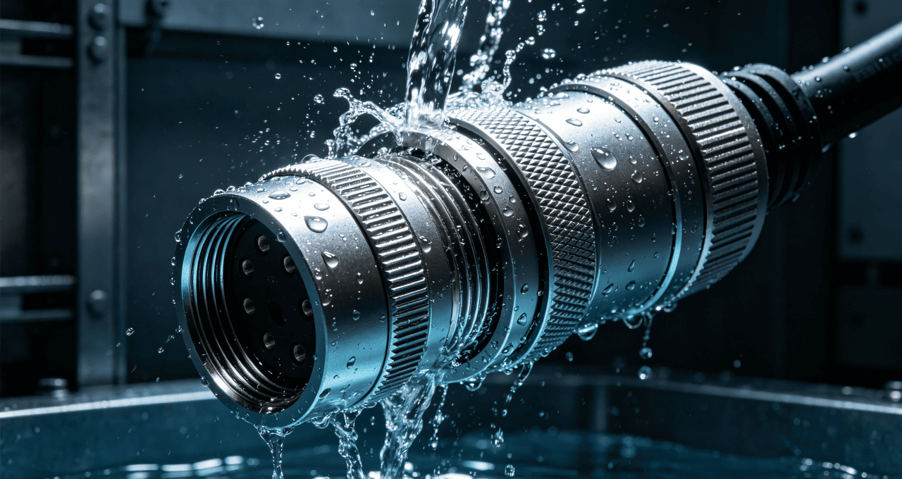 Waterproof circular connector IP68 submerged in water during industrial waterproof testing demonstrating sealing performance