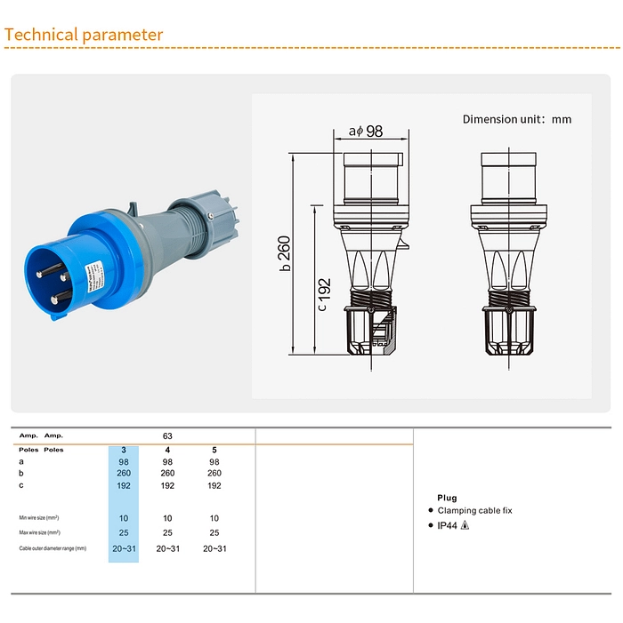 WEIPU 63A 3Pin  Industrial Plug Socket TYP641-IP44 2 - WEIPU