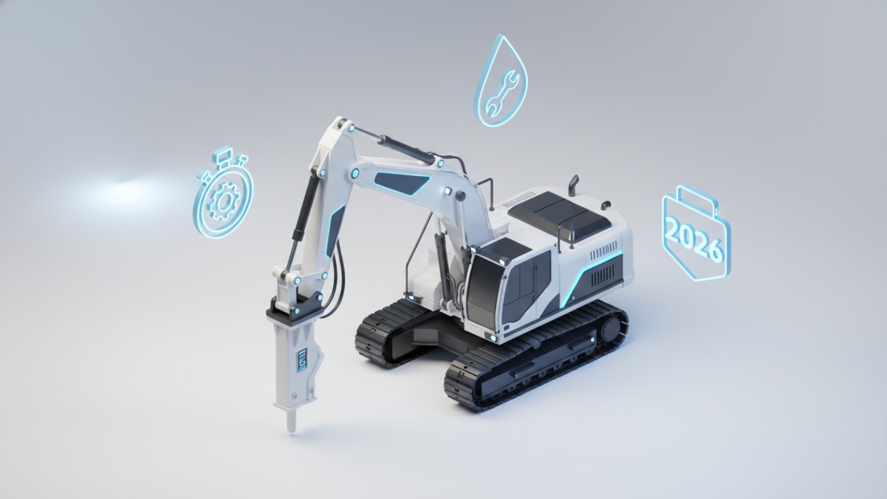 3D_isometric_illustration_of_an_excavator_with_a_hydraulic_breaker__surrounded_by_icons_representing_efficiency__maintenance__and_2026_technology_standards_