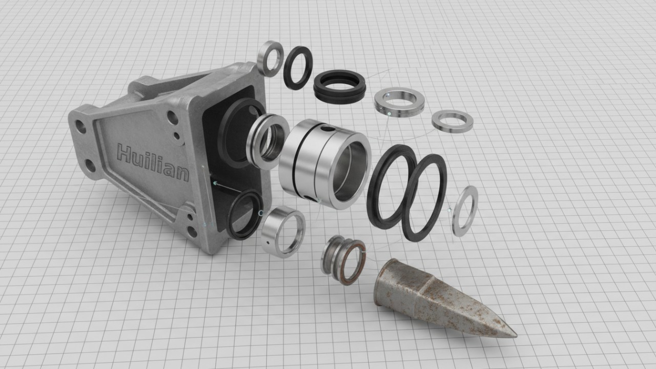 A 3D exploded view of hydraulic breaker parts including a piston and chisel with the Huilian brand name etched on the housing.