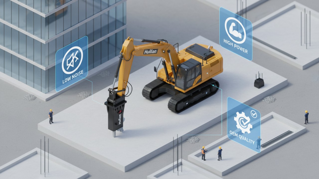 A 3D isometric illustration showing a silenced hydraulic breaker with the Huilian brand name and digital icons representing key benefits like low noise and high power.
