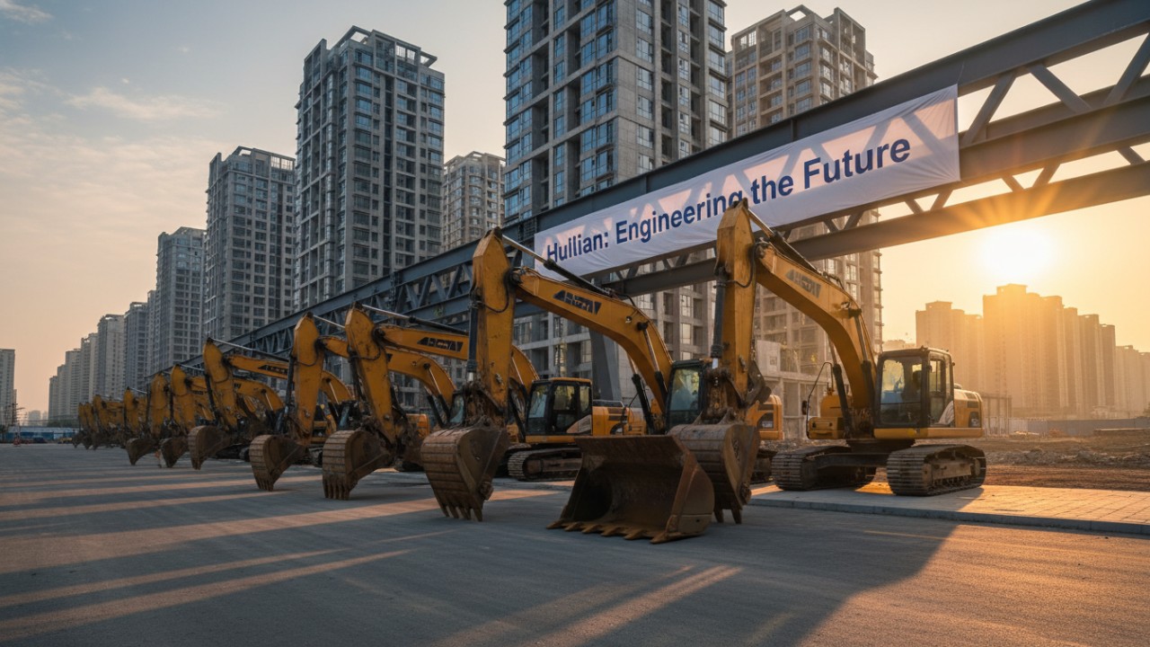 A cinematic illustration of a finished construction site at sunrise with a Huilian brand banner hanging in the foreground.