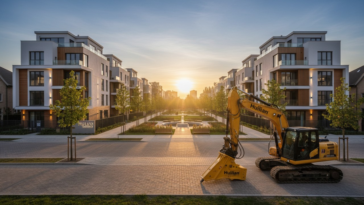 A cinematic sunset view of a quiet urban construction site featuring a parked excavator with a Huilian branded box type breaker.